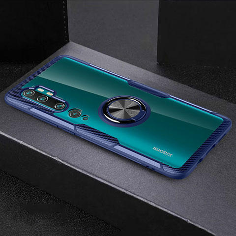 Custodia Silicone Trasparente Ultra Slim Cover Morbida con Magnetico Anello Supporto D01 per Xiaomi Mi Note 10 Blu e Nero