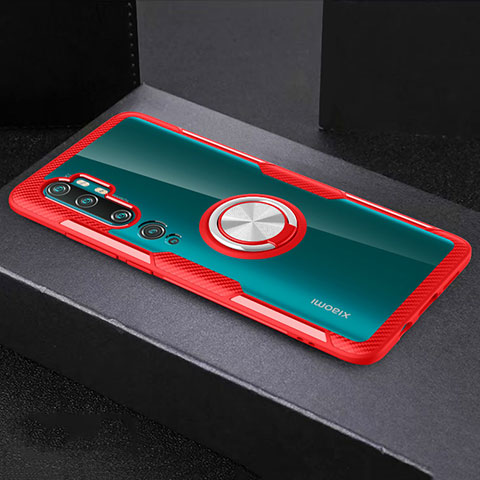 Custodia Silicone Trasparente Ultra Slim Cover Morbida con Magnetico Anello Supporto D01 per Xiaomi Mi Note 10 Pro Rosso
