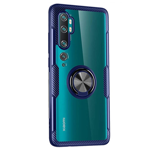Custodia Silicone Trasparente Ultra Slim Cover Morbida con Magnetico Anello Supporto D02 per Xiaomi Mi Note 10 Blu