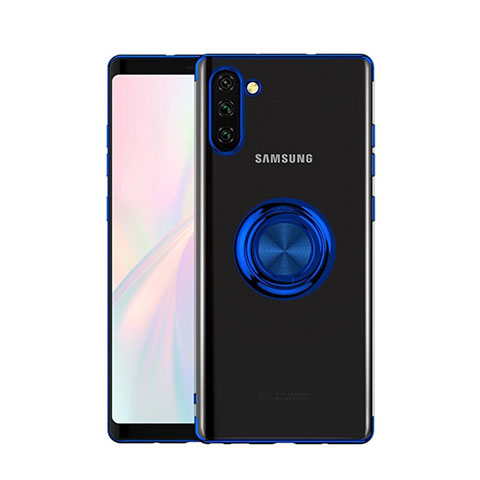 Custodia Silicone Trasparente Ultra Slim Cover Morbida con Magnetico Anello Supporto S01 per Samsung Galaxy Note 10 5G Blu