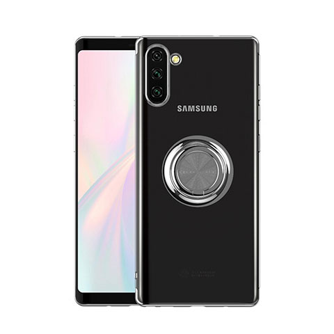 Custodia Silicone Trasparente Ultra Slim Cover Morbida con Magnetico Anello Supporto S01 per Samsung Galaxy Note 10 Argento