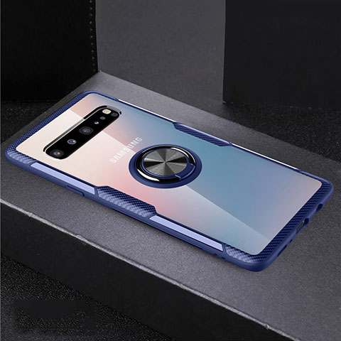 Custodia Silicone Trasparente Ultra Slim Cover Morbida con Magnetico Anello Supporto S01 per Samsung Galaxy S10 5G SM-G977B Blu e Nero