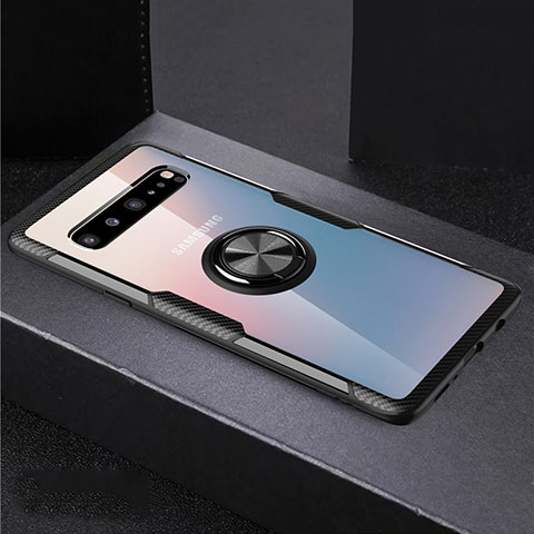 Custodia Silicone Trasparente Ultra Slim Cover Morbida con Magnetico Anello Supporto S01 per Samsung Galaxy S10 5G SM-G977B Nero