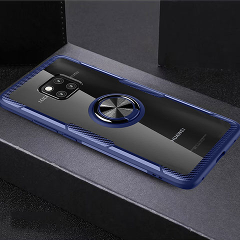 Custodia Silicone Trasparente Ultra Slim Cover Morbida con Magnetico Anello Supporto S02 per Huawei Mate 20 Pro Blu
