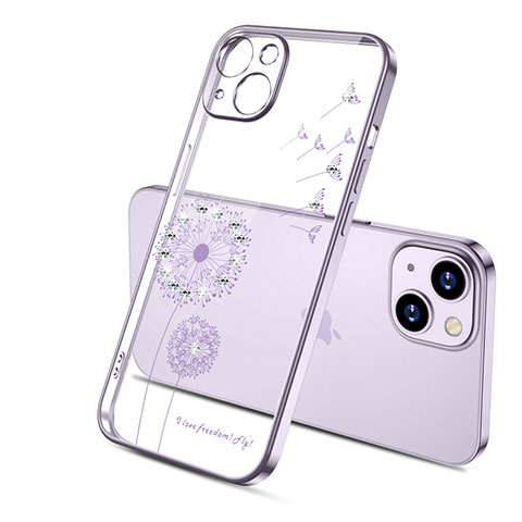 Custodia Silicone Trasparente Ultra Sottile Cover Fiori per Apple iPhone 14 Viola