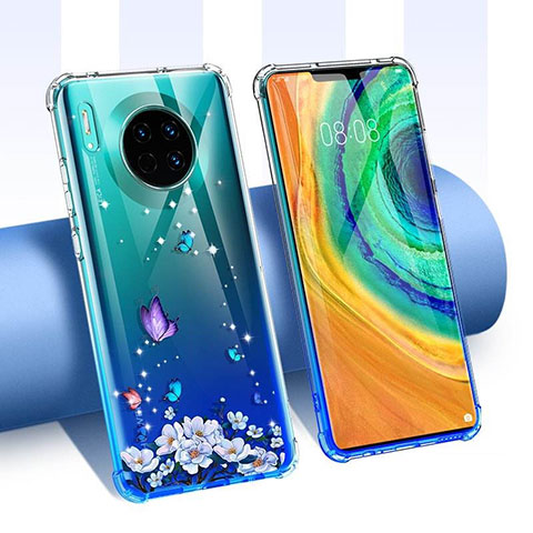 Custodia Silicone Trasparente Ultra Sottile Cover Fiori per Huawei Mate 30 5G Blu