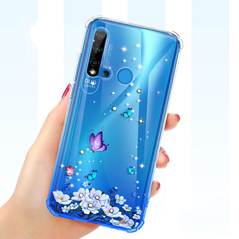 Custodia Silicone Trasparente Ultra Sottile Cover Fiori per Huawei Nova 5i Viola