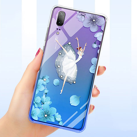 Custodia Silicone Trasparente Ultra Sottile Cover Fiori per Huawei P20 Blu