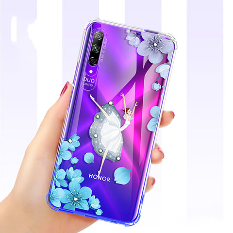 Custodia Silicone Trasparente Ultra Sottile Cover Fiori per Huawei Y9s Blu