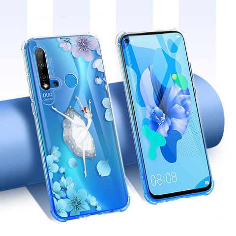 Custodia Silicone Trasparente Ultra Sottile Cover Fiori T01 per Huawei Nova 5i Blu