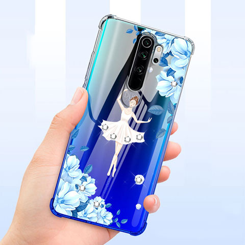 Custodia Silicone Trasparente Ultra Sottile Cover Fiori T01 per Xiaomi Redmi Note 8 Pro Blu