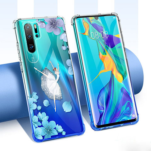 Custodia Silicone Trasparente Ultra Sottile Cover Fiori T02 per Huawei P30 Pro Blu