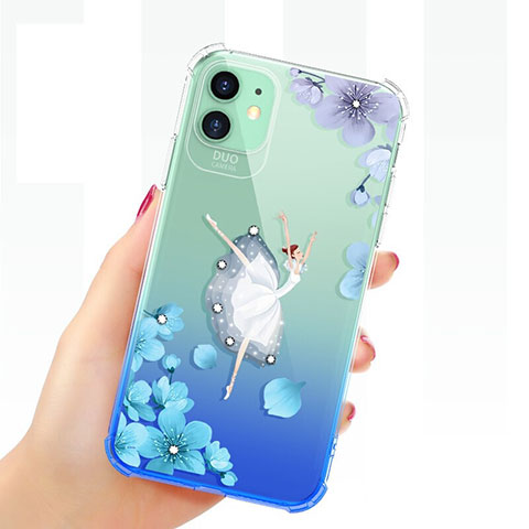 Custodia Silicone Trasparente Ultra Sottile Cover Fiori T03 per Apple iPhone 11 Blu