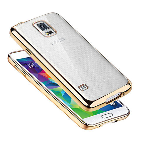 Custodia Silicone Trasparente Ultra Sottile Cover Morbida H01 per Samsung Galaxy S5 Duos Plus Oro