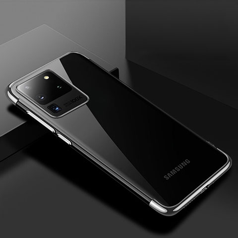 Custodia Silicone Trasparente Ultra Sottile Cover Morbida S01 per Samsung Galaxy S20 Ultra 5G Argento