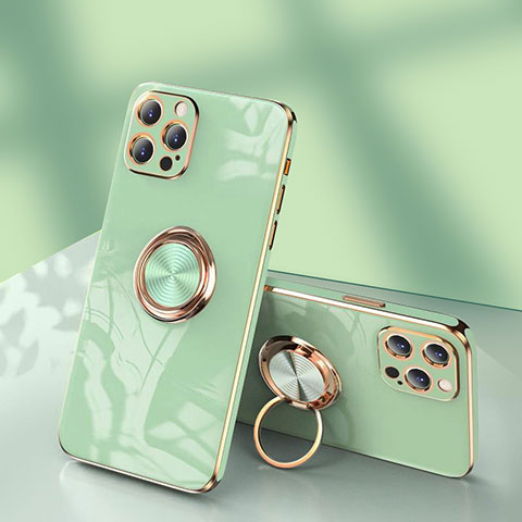 Custodia Silicone Ultra Sottile Morbida Cover con Anello Supporto per Apple iPhone 13 Pro Max Verde Pastello