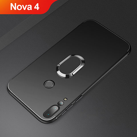Custodia Silicone Ultra Sottile Morbida Cover con Magnetico Anello Supporto A01 per Huawei Nova 4 Nero