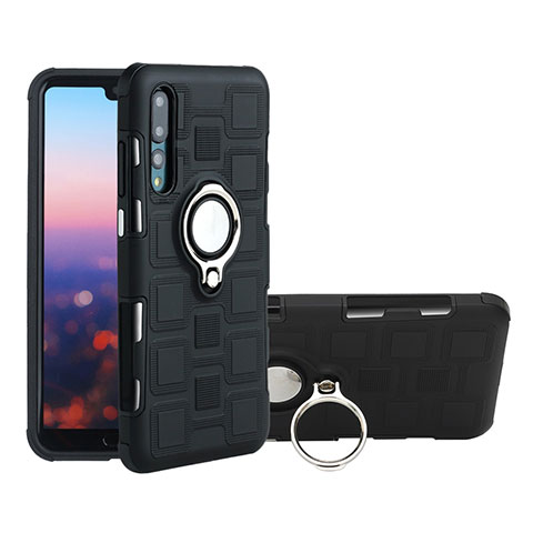 Custodia Silicone Ultra Sottile Morbida Cover con Magnetico Anello Supporto A01 per Huawei P20 Pro Nero