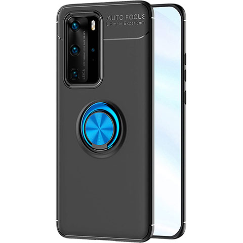 Custodia Silicone Ultra Sottile Morbida Cover con Magnetico Anello Supporto A01 per Huawei P40 Pro Blu e Nero