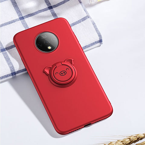 Custodia Silicone Ultra Sottile Morbida Cover con Magnetico Anello Supporto A01 per OnePlus 7T Rosso