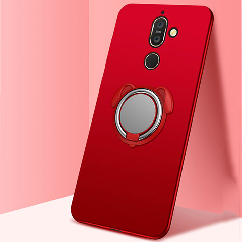 Custodia Silicone Ultra Sottile Morbida Cover con Magnetico Anello Supporto A02 per Nokia 7 Plus Rosso