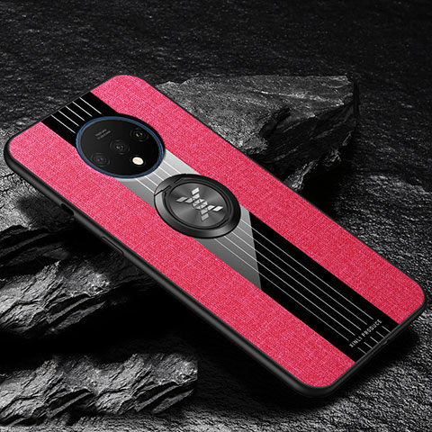 Custodia Silicone Ultra Sottile Morbida Cover con Magnetico Anello Supporto A03 per OnePlus 7T Rosso