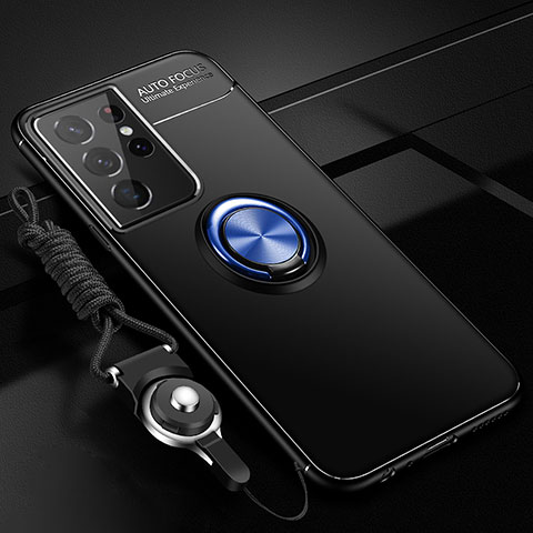Custodia Silicone Ultra Sottile Morbida Cover con Magnetico Anello Supporto A05 per Samsung Galaxy S22 Ultra 5G Blu e Nero