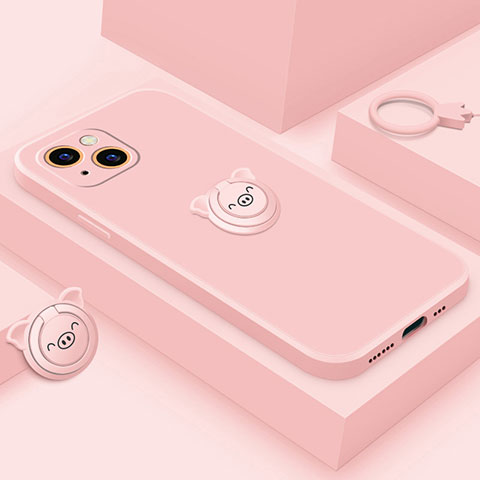 Custodia Silicone Ultra Sottile Morbida Cover con Magnetico Anello Supporto A07 per Apple iPhone 13 Mini Oro Rosa