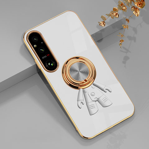 Custodia Silicone Ultra Sottile Morbida Cover con Magnetico Anello Supporto AN1 per Sony Xperia 1 V Bianco