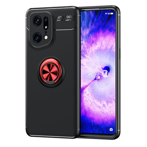 Custodia Silicone Ultra Sottile Morbida Cover con Magnetico Anello Supporto JM1 per Oppo Find X5 Pro 5G Rosso e Nero