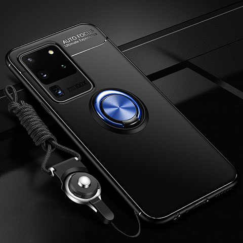Custodia Silicone Ultra Sottile Morbida Cover con Magnetico Anello Supporto JM3 per Samsung Galaxy S20 Ultra Blu e Nero