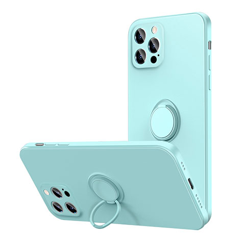 Custodia Silicone Ultra Sottile Morbida Cover con Magnetico Anello Supporto N01 per Apple iPhone 12 Pro Ciano