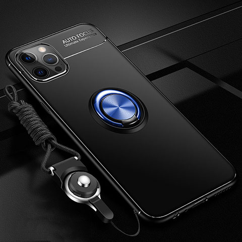 Custodia Silicone Ultra Sottile Morbida Cover con Magnetico Anello Supporto N03 per Apple iPhone 12 Pro Blu e Nero