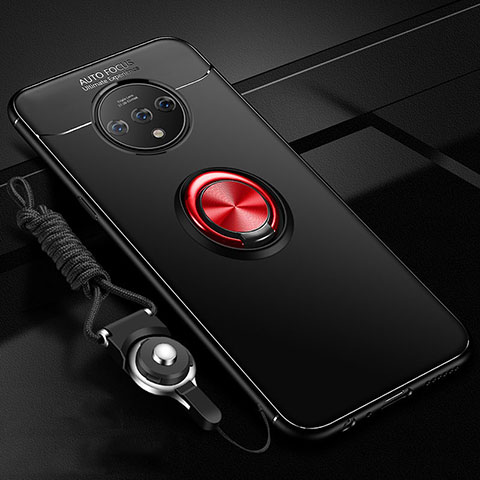 Custodia Silicone Ultra Sottile Morbida Cover con Magnetico Anello Supporto per OnePlus 7T Rosso e Nero