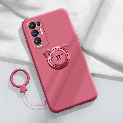Custodia Silicone Ultra Sottile Morbida Cover con Magnetico Anello Supporto per Oppo Reno5 Pro+ Plus 5G Rosso Rosa
