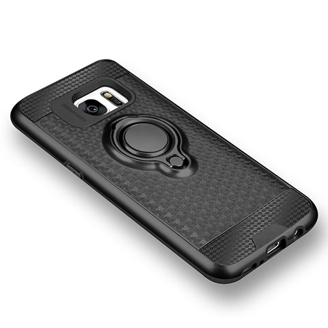 Custodia Silicone Ultra Sottile Morbida Cover con Magnetico Anello Supporto per Samsung Galaxy S7 G930F G930FD Nero