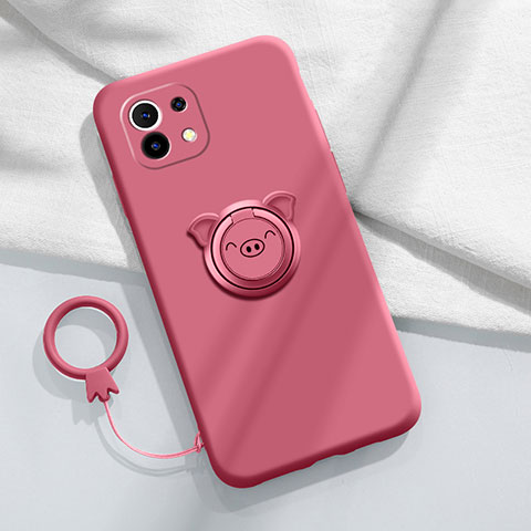 Custodia Silicone Ultra Sottile Morbida Cover con Magnetico Anello Supporto per Xiaomi Mi 11 5G Rosso Rosa