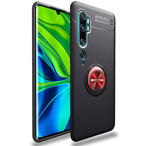 Custodia Silicone Ultra Sottile Morbida Cover con Magnetico Anello Supporto per Xiaomi Mi Note 10 Pro Rosso e Nero