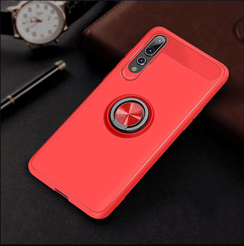 Custodia Silicone Ultra Sottile Morbida Cover con Magnetico Anello Supporto S01 per Huawei P20 Pro Rosso