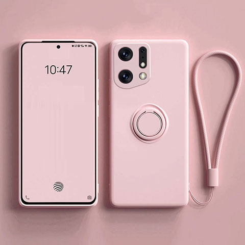 Custodia Silicone Ultra Sottile Morbida Cover con Magnetico Anello Supporto S01 per Oppo Find X5 5G Rosa