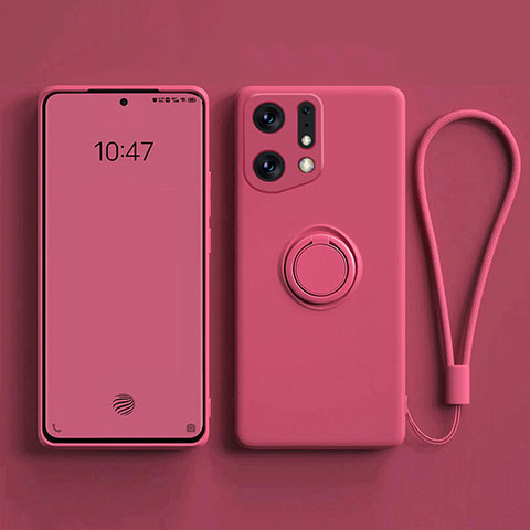 Custodia Silicone Ultra Sottile Morbida Cover con Magnetico Anello Supporto S01 per Oppo Find X5 5G Rosa Caldo