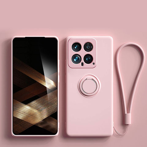 Custodia Silicone Ultra Sottile Morbida Cover con Magnetico Anello Supporto S01 per Xiaomi Mi 14 5G Rosa
