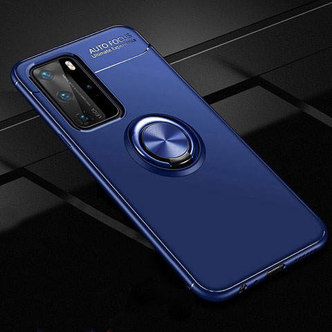 Custodia Silicone Ultra Sottile Morbida Cover con Magnetico Anello Supporto T01 per Huawei P40 Pro Blu