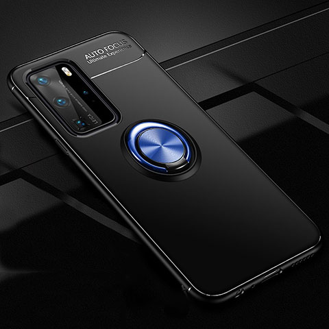 Custodia Silicone Ultra Sottile Morbida Cover con Magnetico Anello Supporto T01 per Huawei P40 Pro Blu e Nero