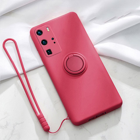 Custodia Silicone Ultra Sottile Morbida Cover con Magnetico Anello Supporto T02 per Huawei P40 Pro Rosso Rosa