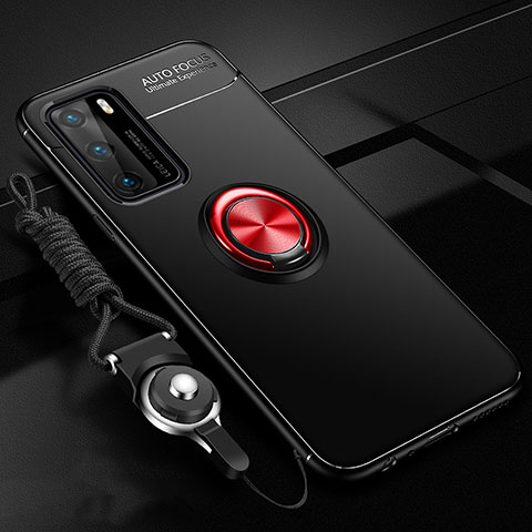 Custodia Silicone Ultra Sottile Morbida Cover con Magnetico Anello Supporto T02 per Huawei P40 Rosso e Nero