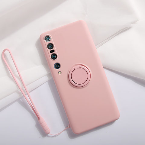 Custodia Silicone Ultra Sottile Morbida Cover con Magnetico Anello Supporto T02 per Xiaomi Mi 10 Pro Rosa
