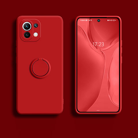 Custodia Silicone Ultra Sottile Morbida Cover con Magnetico Anello Supporto T02 per Xiaomi Mi 11 5G Rosso