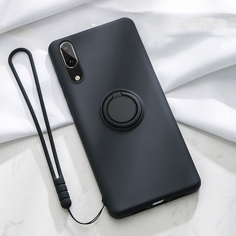 Custodia Silicone Ultra Sottile Morbida Cover con Magnetico Anello Supporto T04 per Huawei P20 Nero