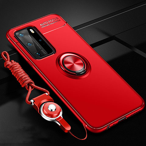Custodia Silicone Ultra Sottile Morbida Cover con Magnetico Anello Supporto T04 per Huawei P40 Pro Rosso